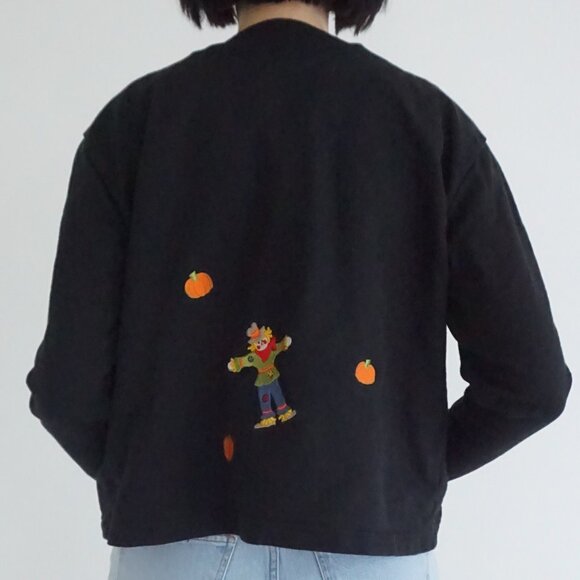 Vintage BellePointe Black Pumpkin Scarecrow Cotton Halloween Holiday Cardigan L - Picture 2 of 11